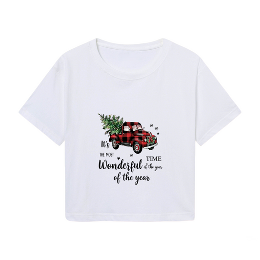 Red Buffalo Plaid Vintage Truck Christmas Tree Women Holiday Crop Tee