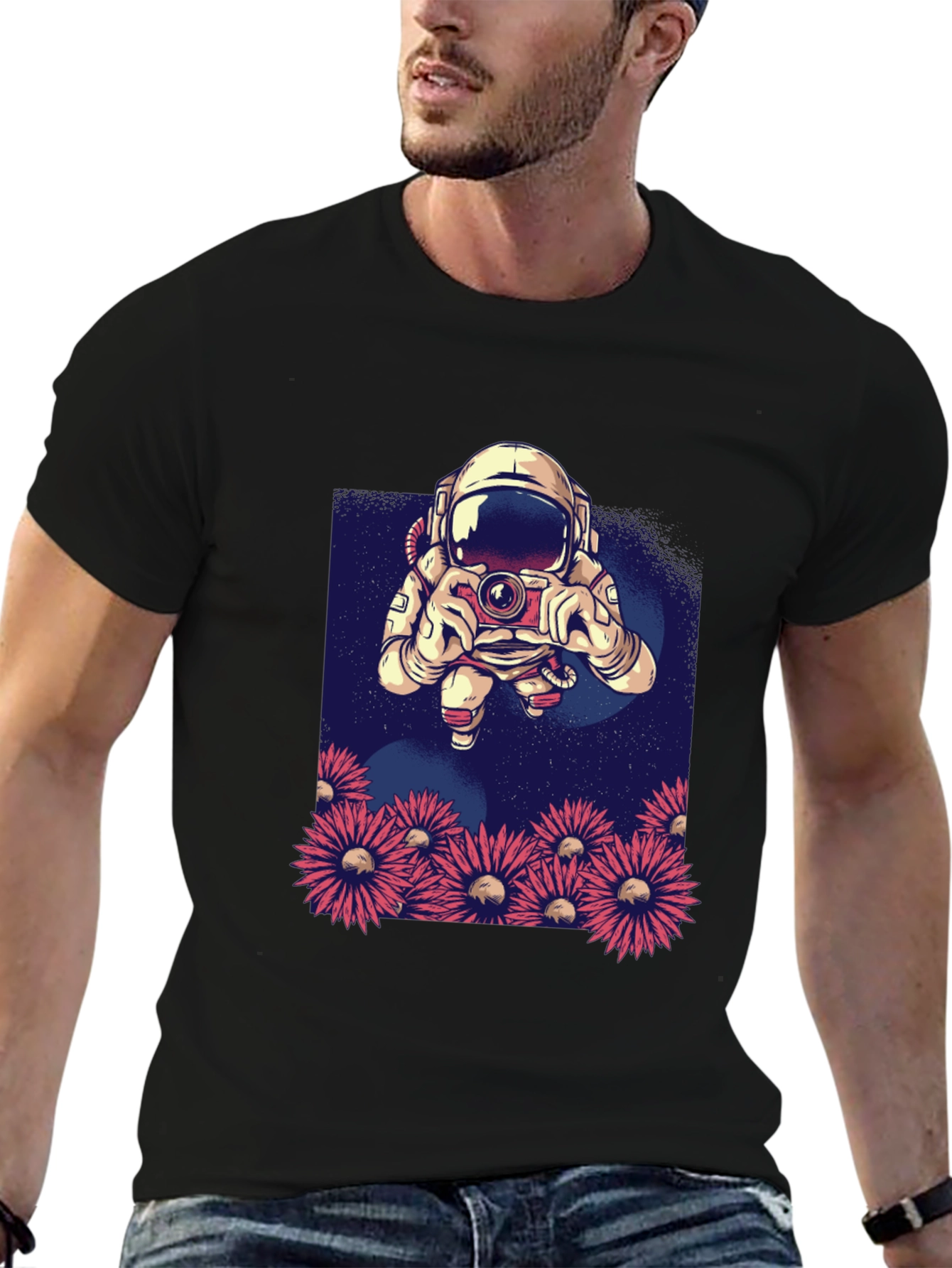 Astronaut Photographer T-Shirt - Space & Floral Design