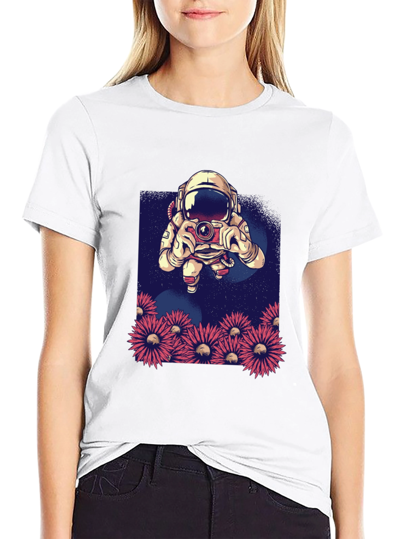 Astronaut Photographer T-Shirt - Space & Floral Design