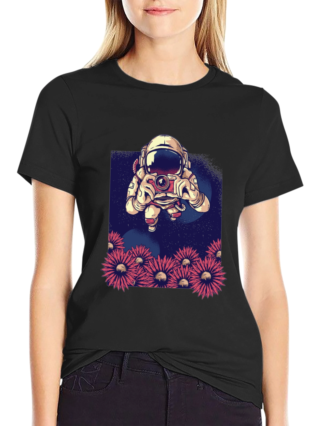 Astronaut Photographer T-Shirt - Space & Floral Design