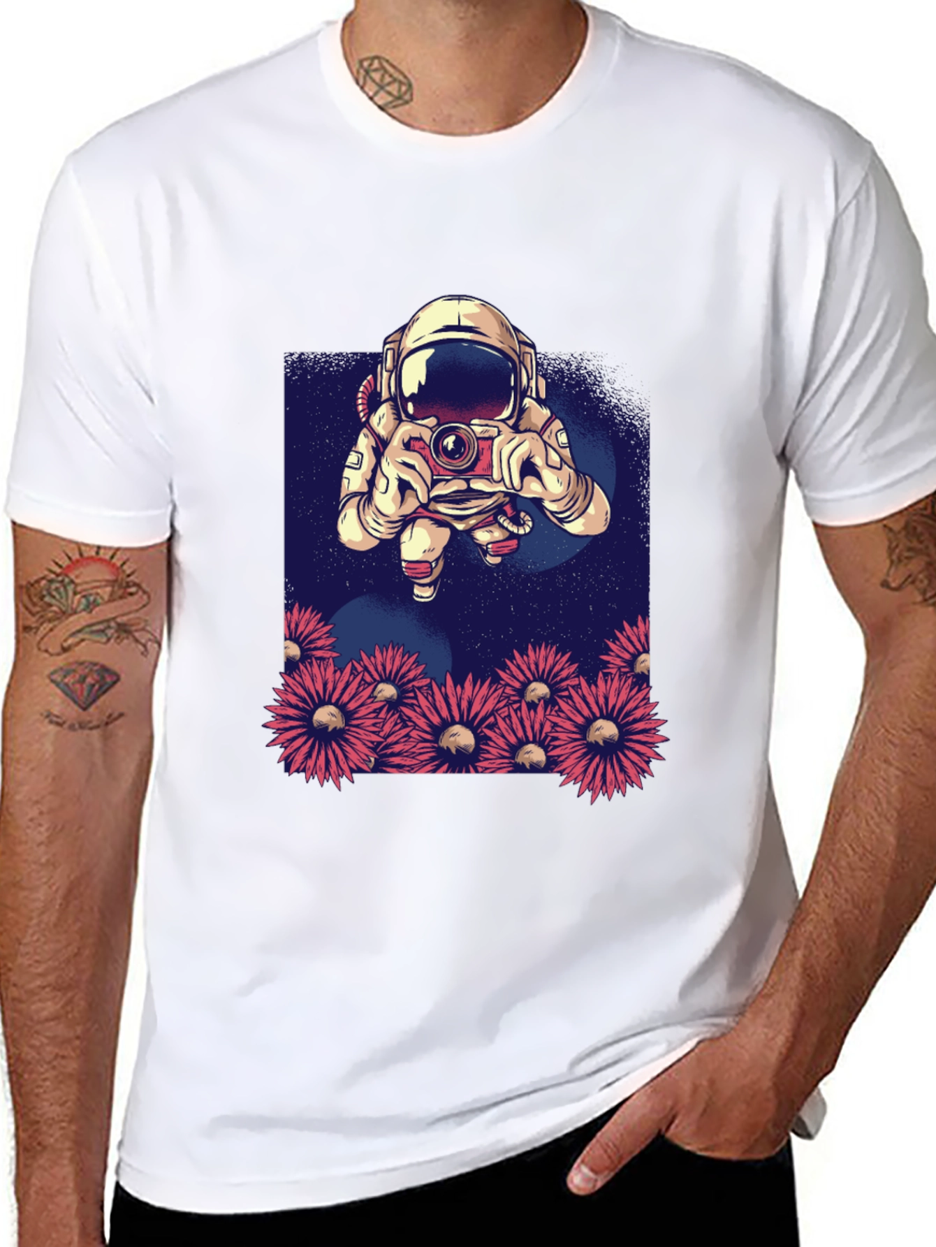 Astronaut Photographer T-Shirt - Space & Floral Design
