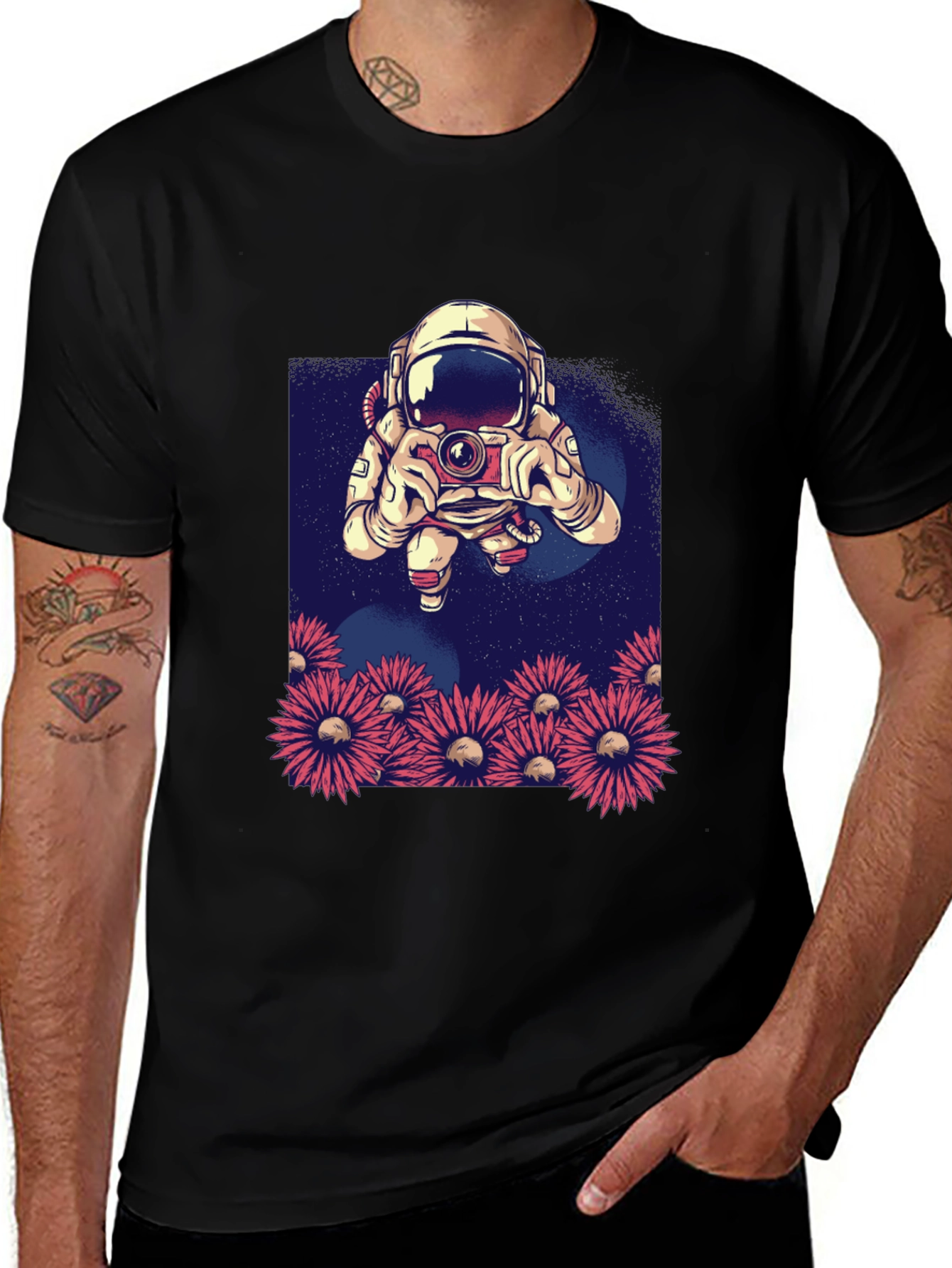 Astronaut Photographer T-Shirt - Space & Floral Design