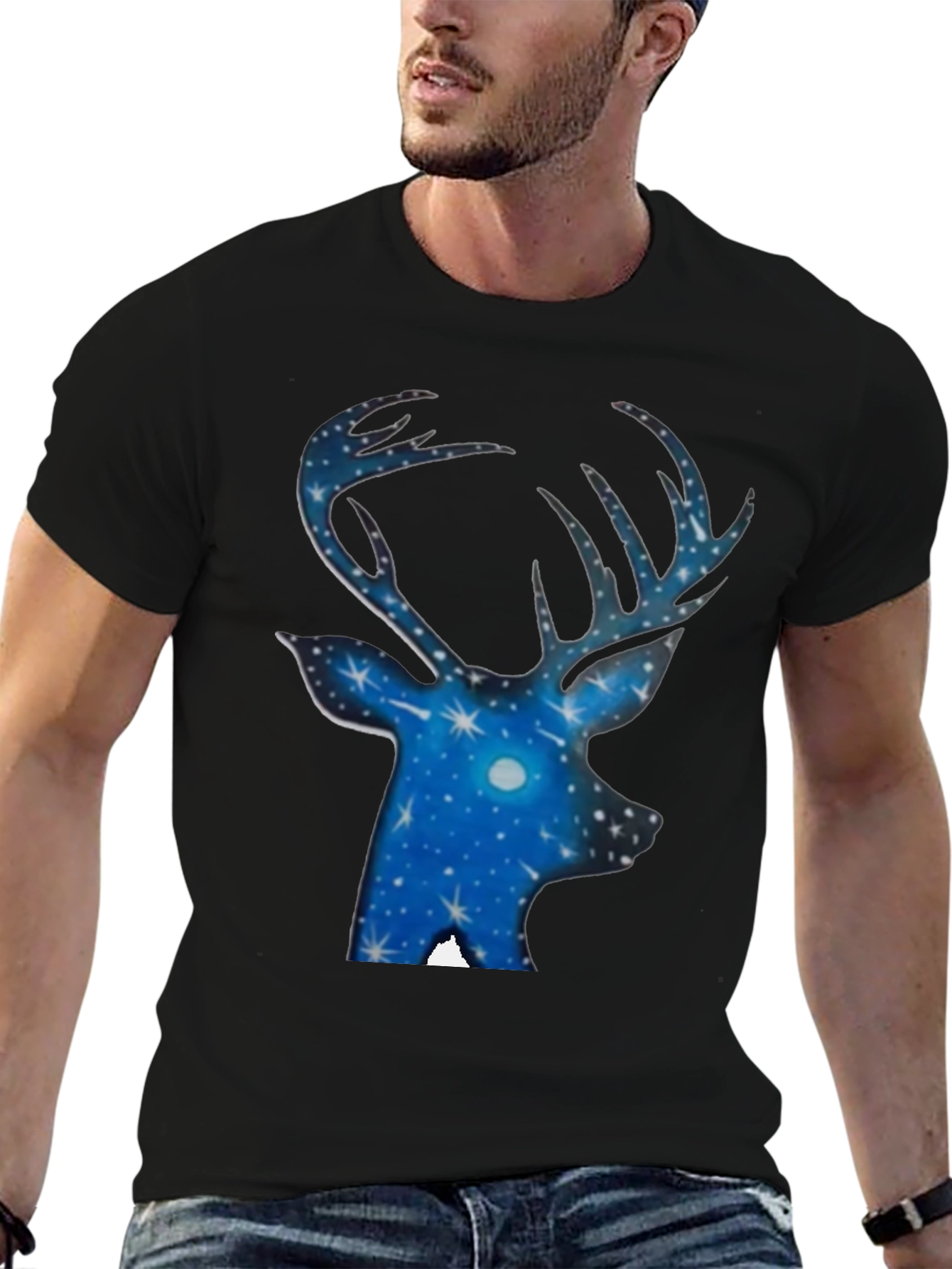 Starry Night Deer T-Shirt - Black Cotton Tee