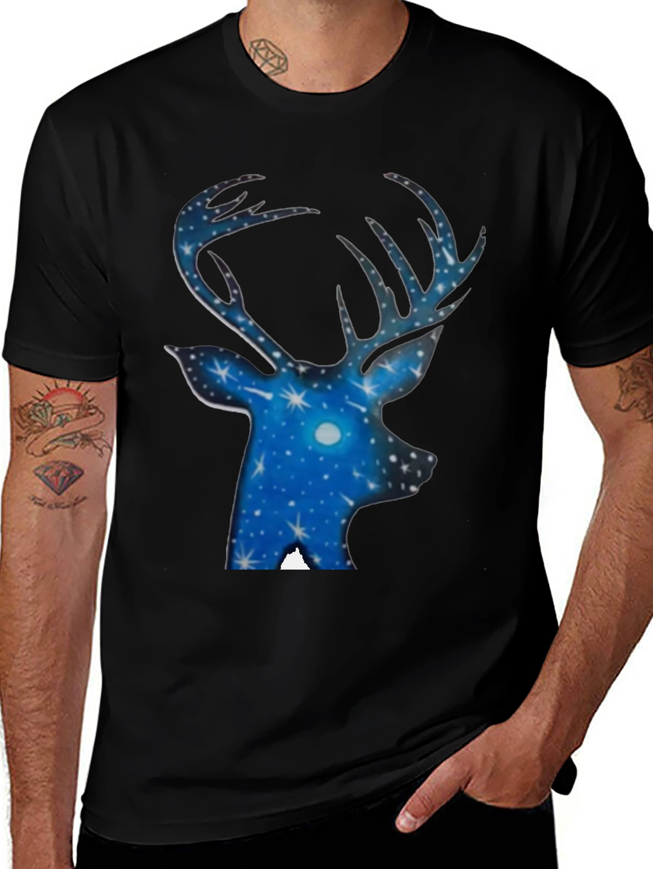 Starry Night Deer T-Shirt - Black Cotton Tee