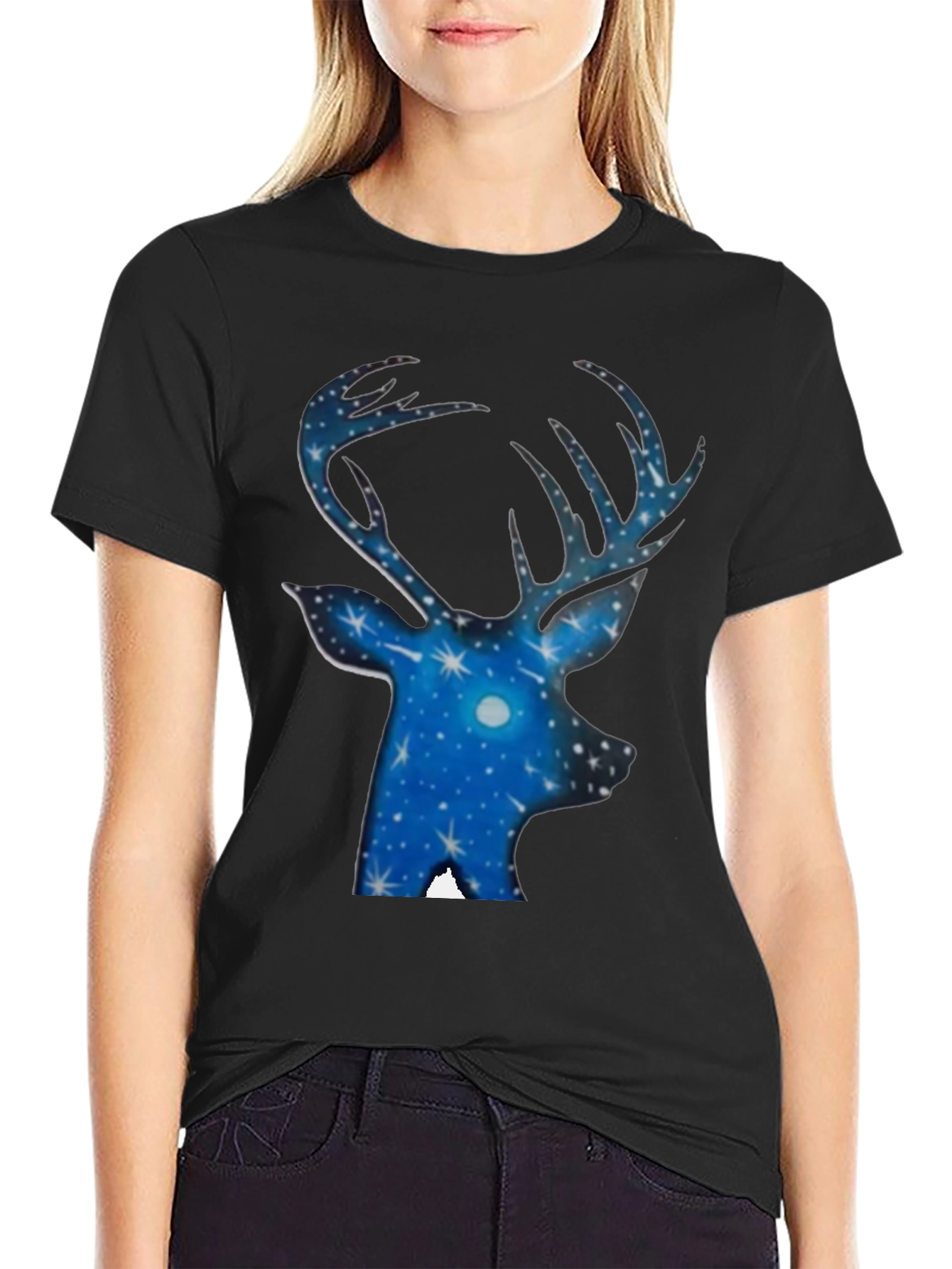 Starry Night Deer T-Shirt - Black Cotton Tee