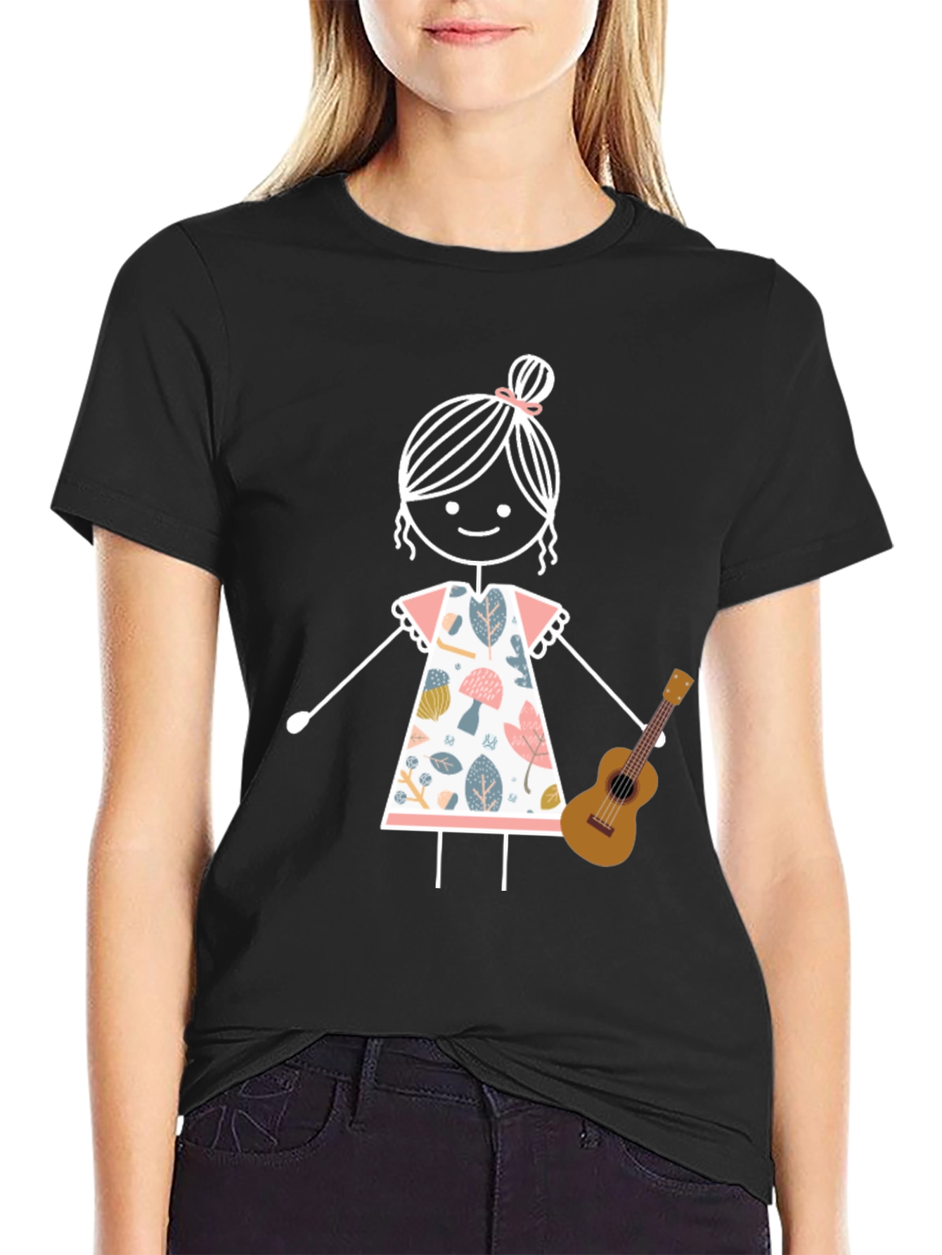 Stick Figure Girl with Ukulele Graphic Tee