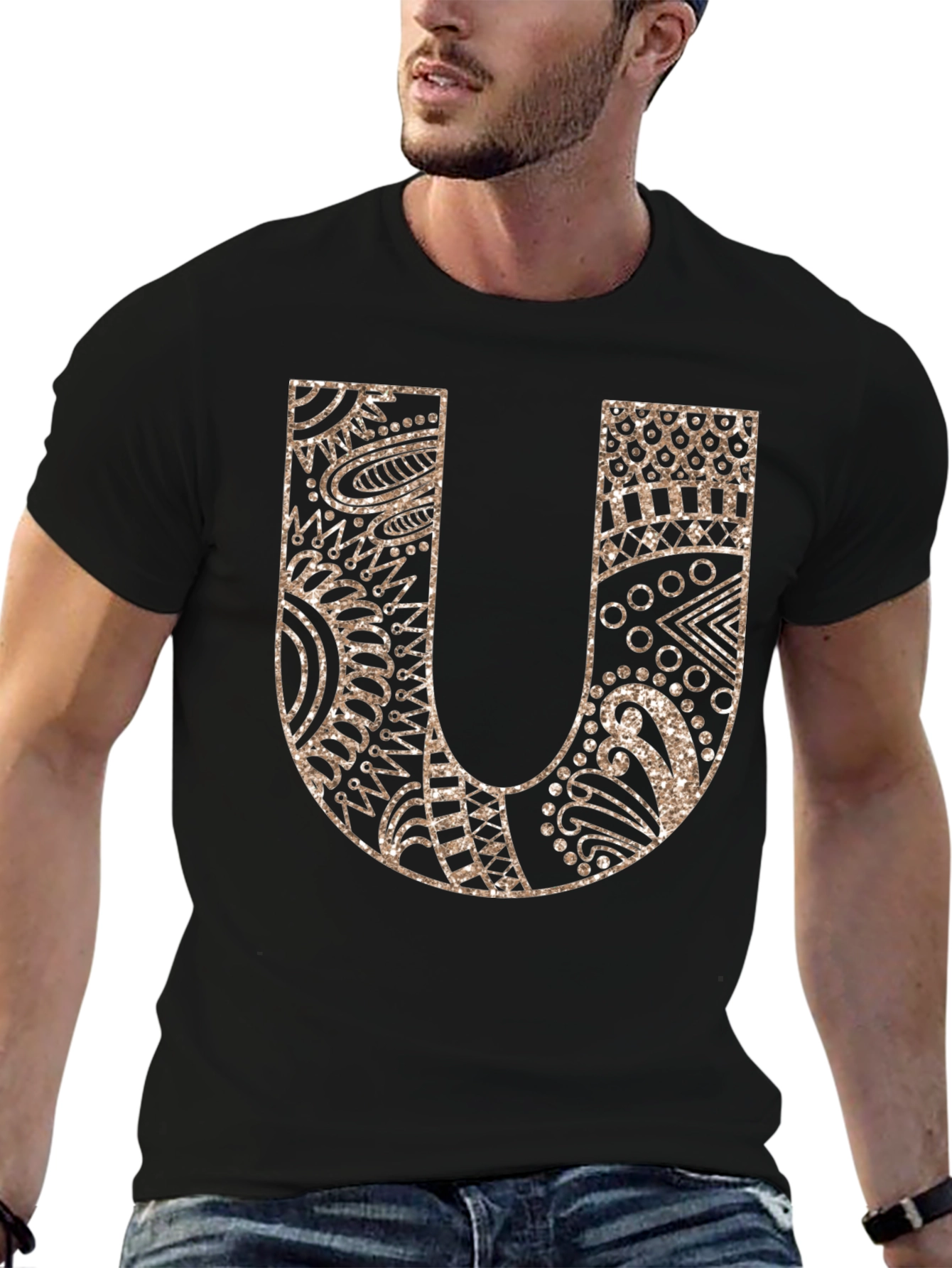 Letter U Graphic Tee - Black Cotton Blend Shirt