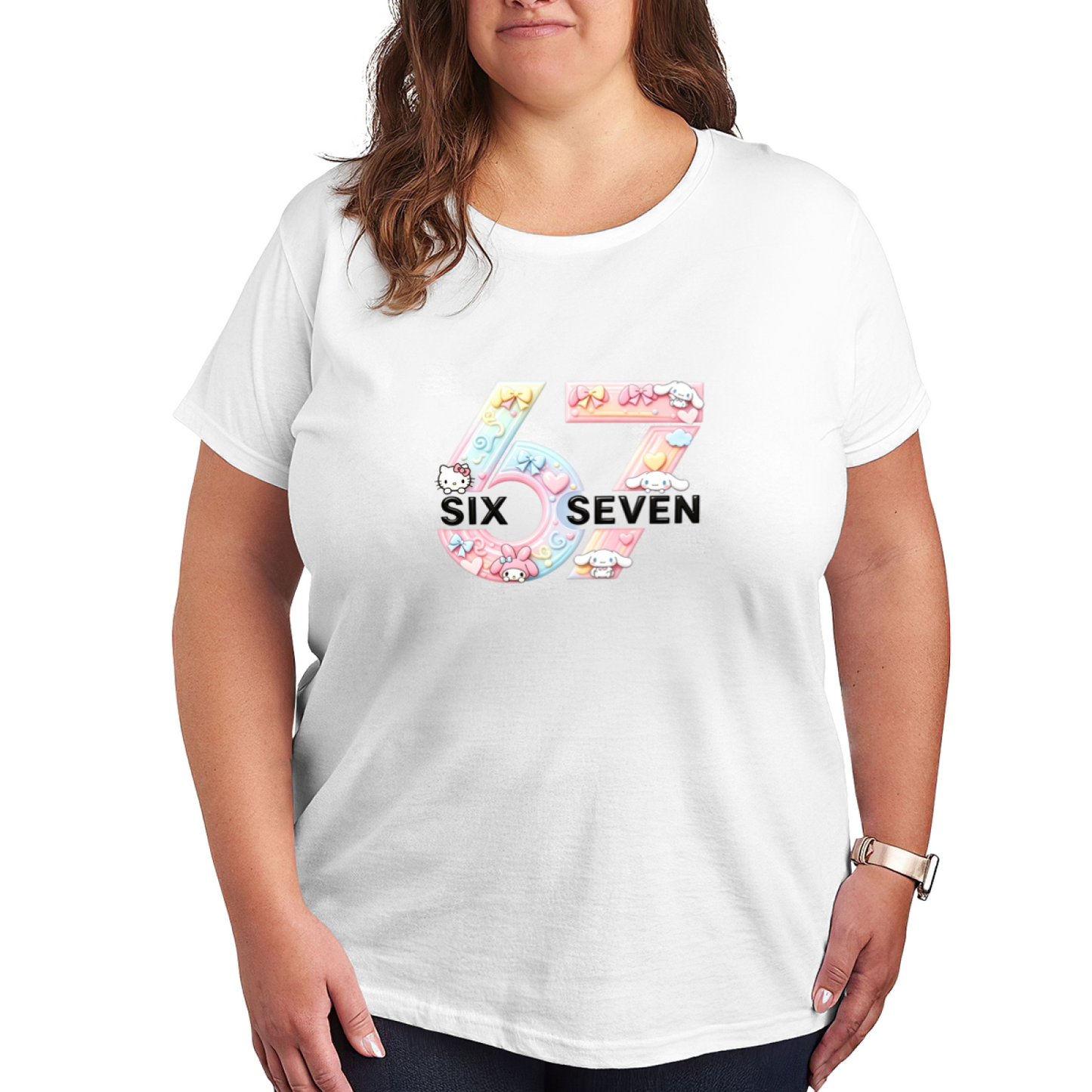 Plus Size Women Pastel 67 Sanrio Friends Cute Character Print Women Tee