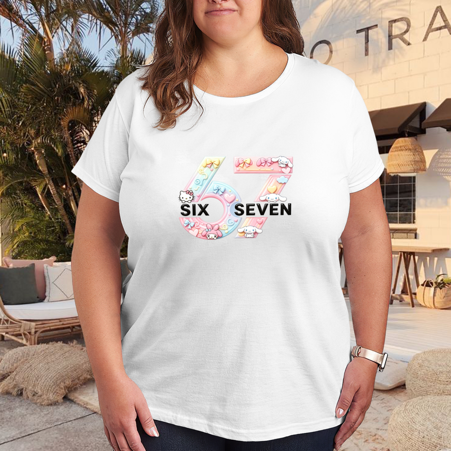 Plus Size Women Pastel 67 Sanrio Friends Cute Character Print Women Tee