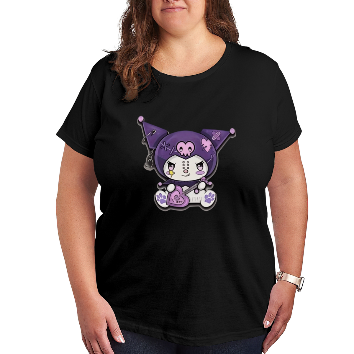 Rock?Style Kuromi Punk Cartoon Print Plus?Size Ladies T?Shirt