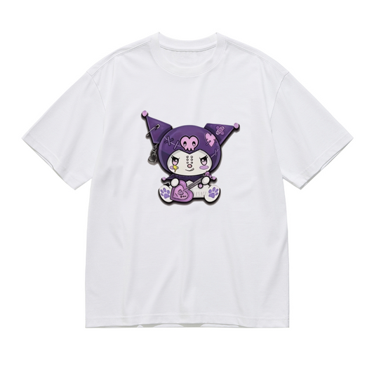 Rock?Style Kuromi Punk Cartoon Print Plus?Size Ladies T?Shirt