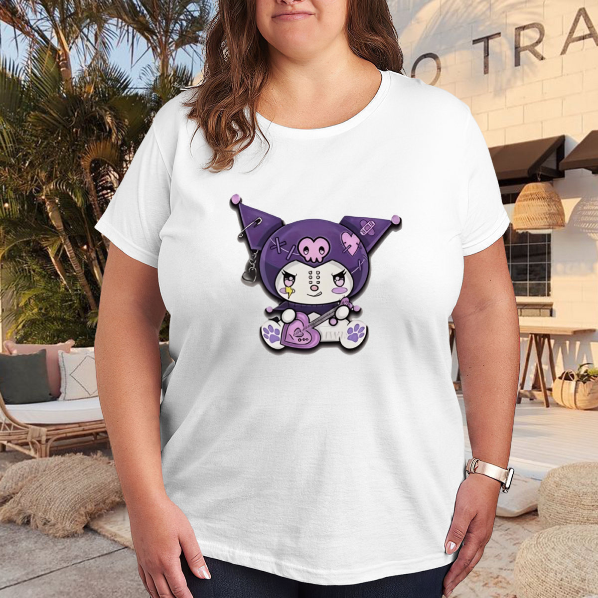 Rock?Style Kuromi Punk Cartoon Print Plus?Size Ladies T?Shirt