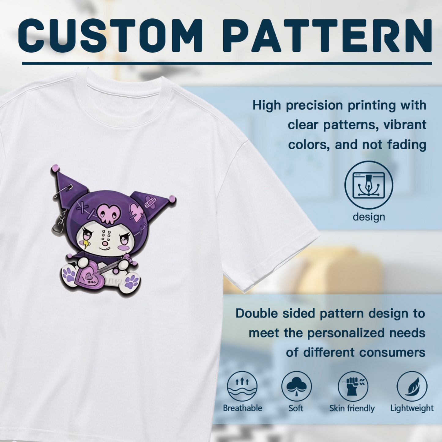 Rock?Style Kuromi Punk Cartoon Print Plus?Size Ladies T?Shirt