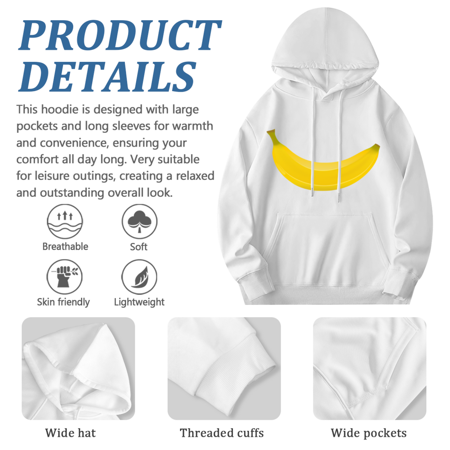 Cute Big Banana White Unisex Hoodie, Soft Relaxed Comfort
