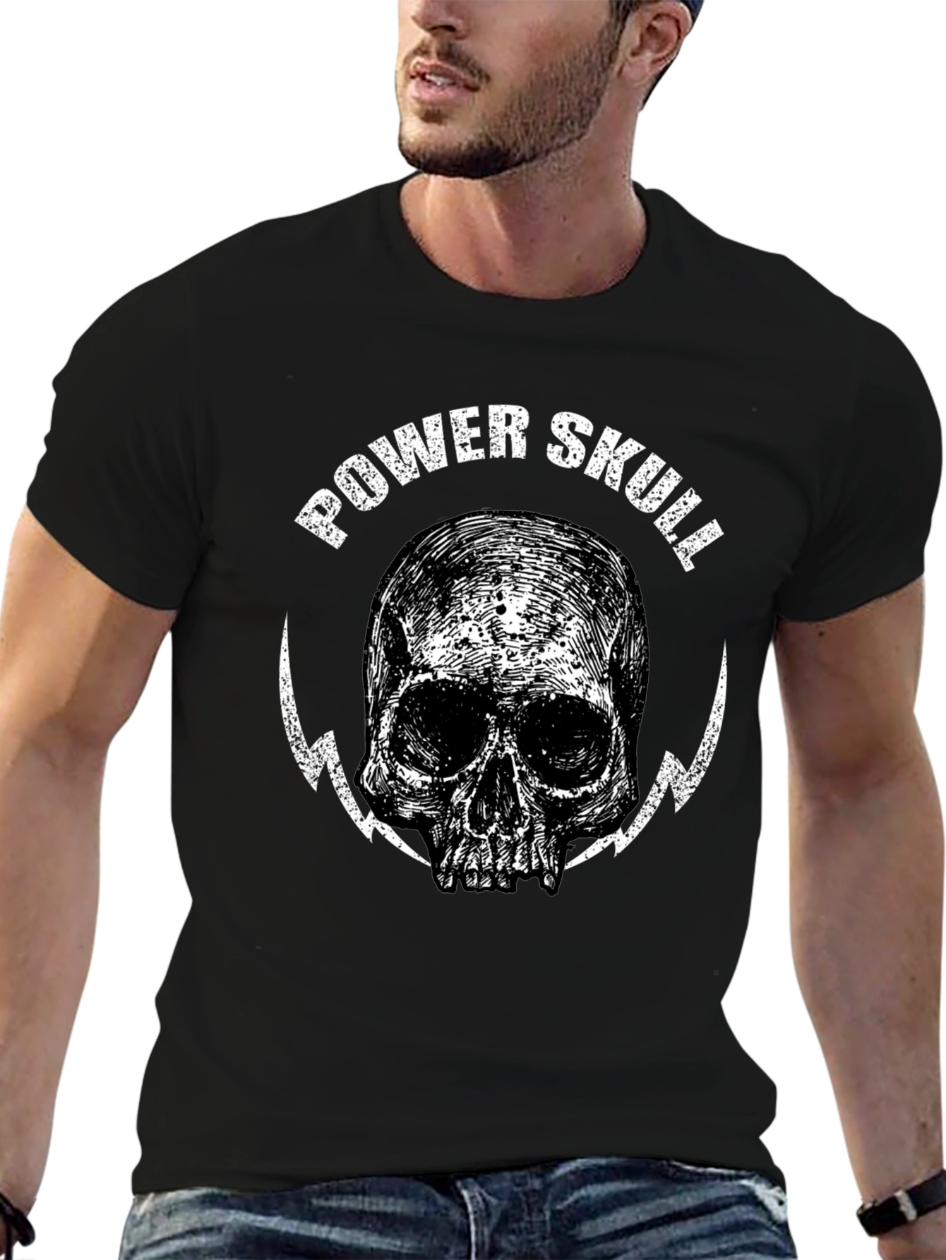 Power Skull Graphic Print Black T-Shirt