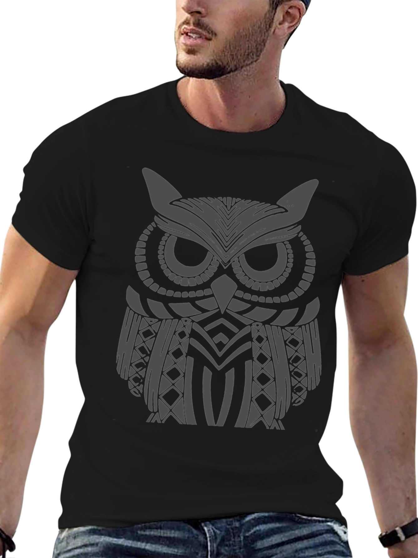 Owl Graphic Print Mens Black T-Shirt