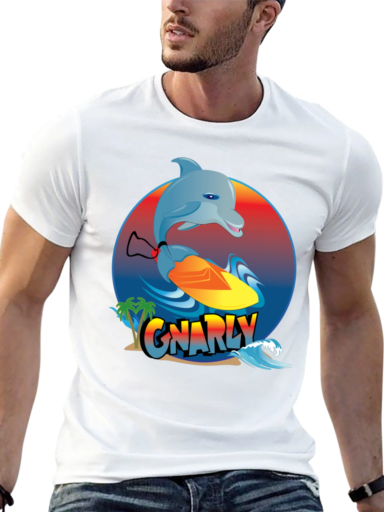 Gnarly Dolphin Surfing Graphic T-Shirt