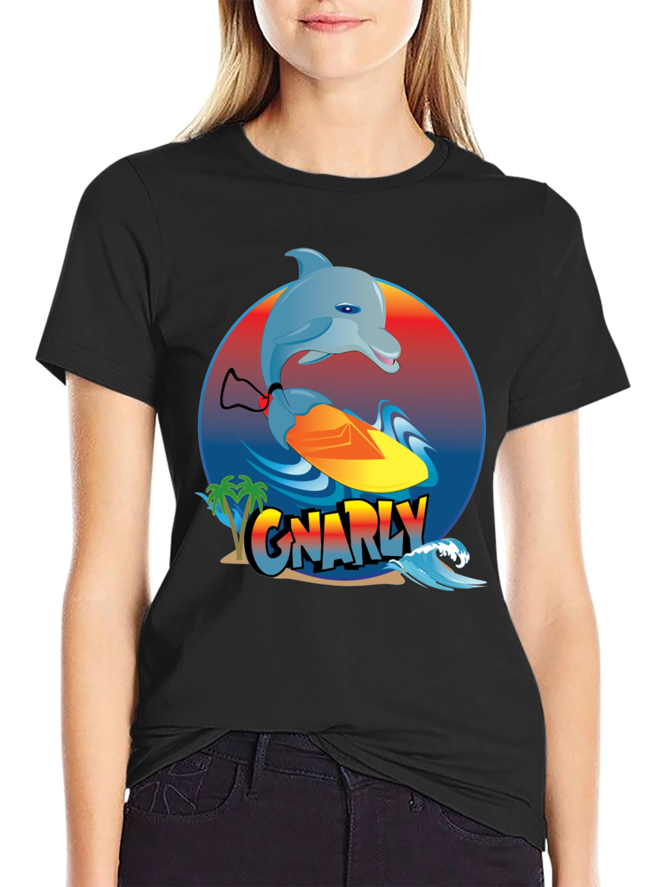 Gnarly Dolphin Surfing Graphic T-Shirt