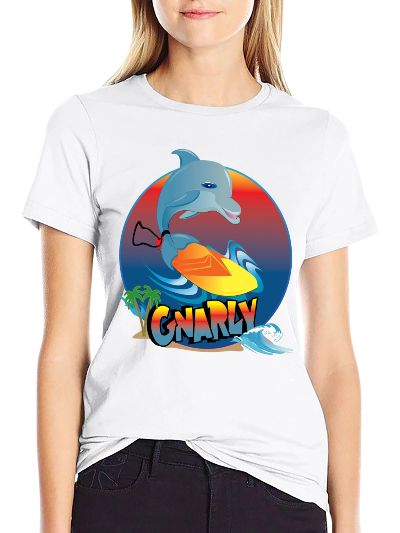 Gnarly Dolphin Surfing Graphic T-Shirt
