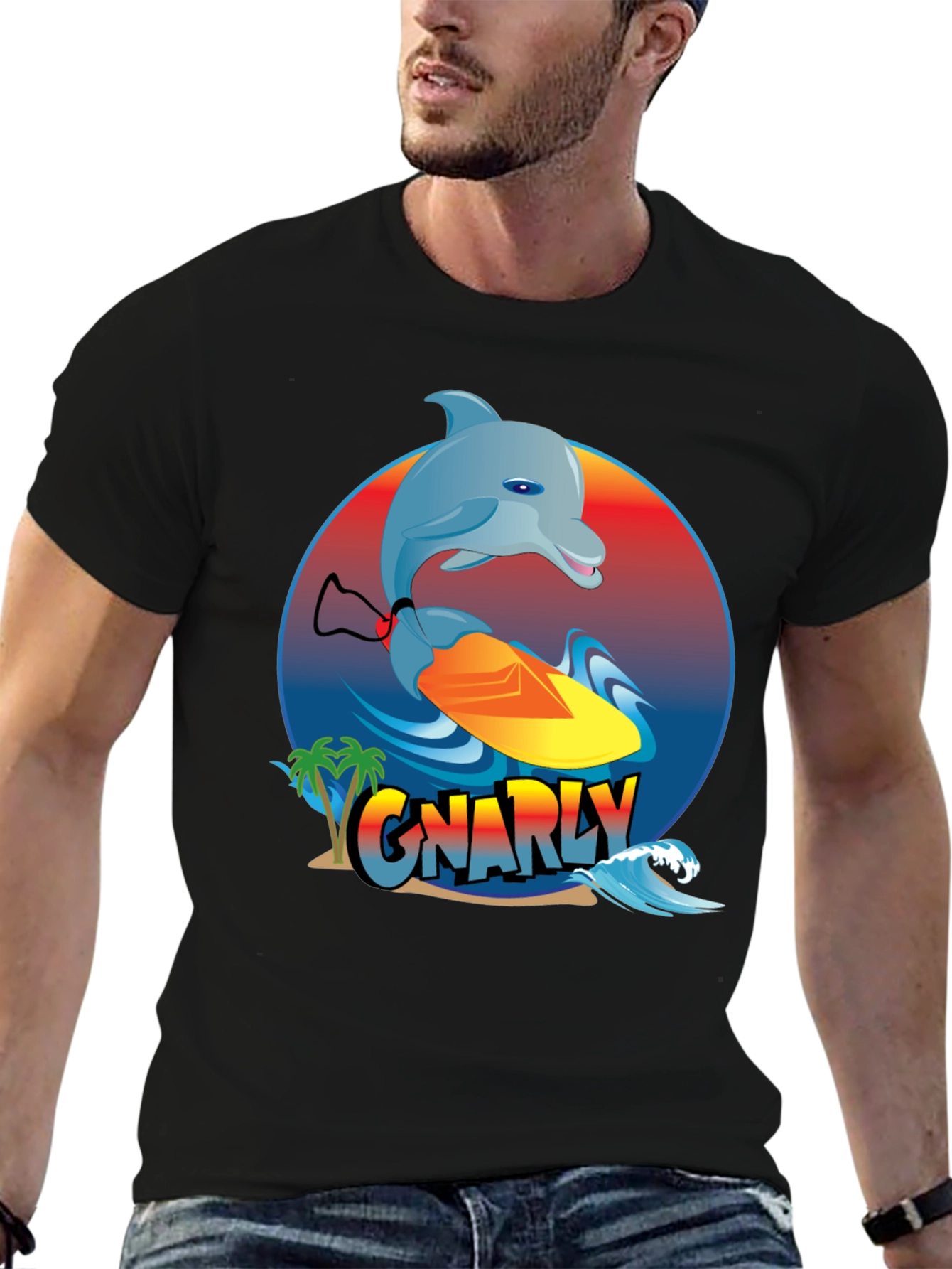 Gnarly Dolphin Surfing Graphic T-Shirt