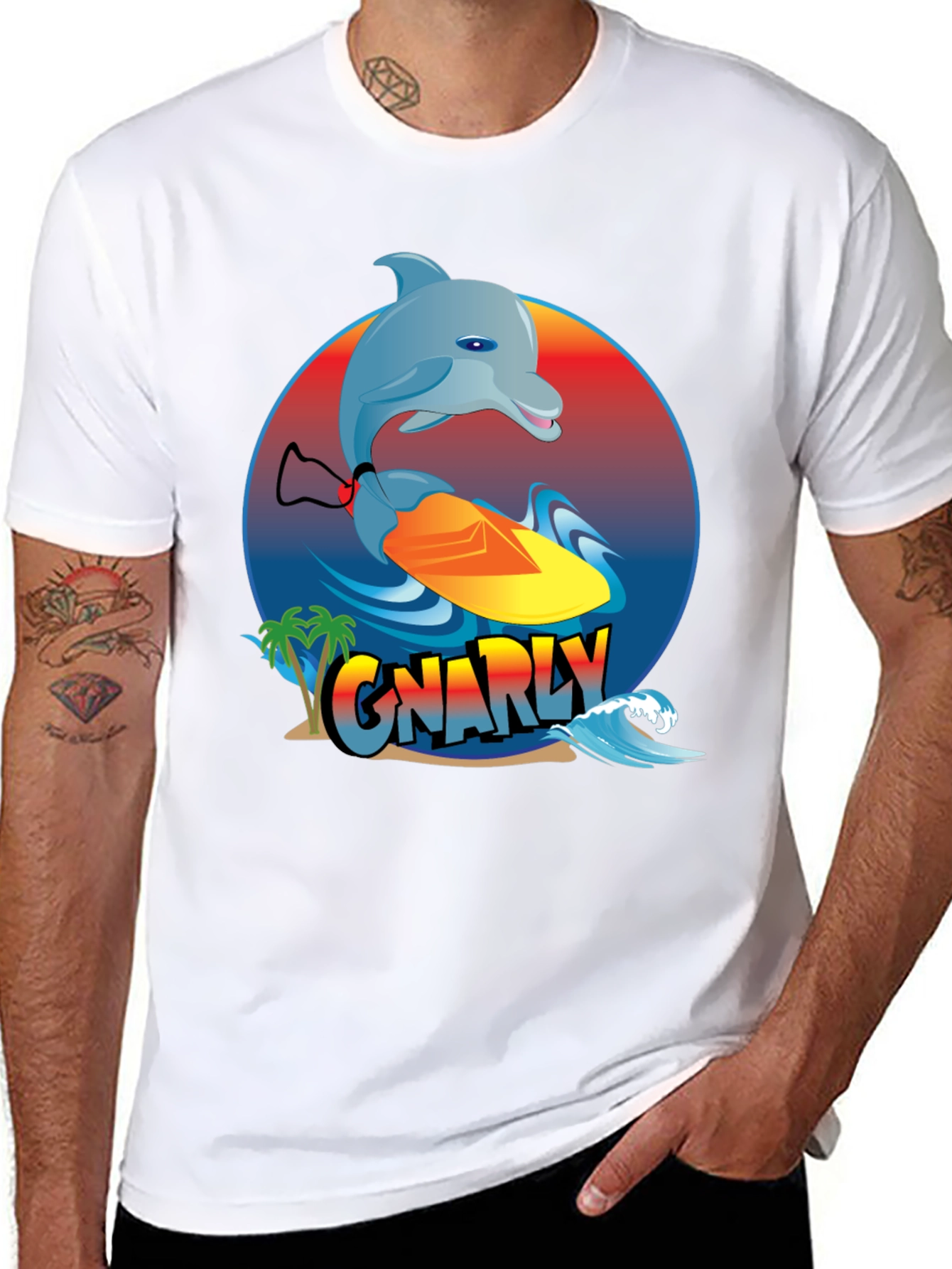 Gnarly Dolphin Surfing Graphic T-Shirt