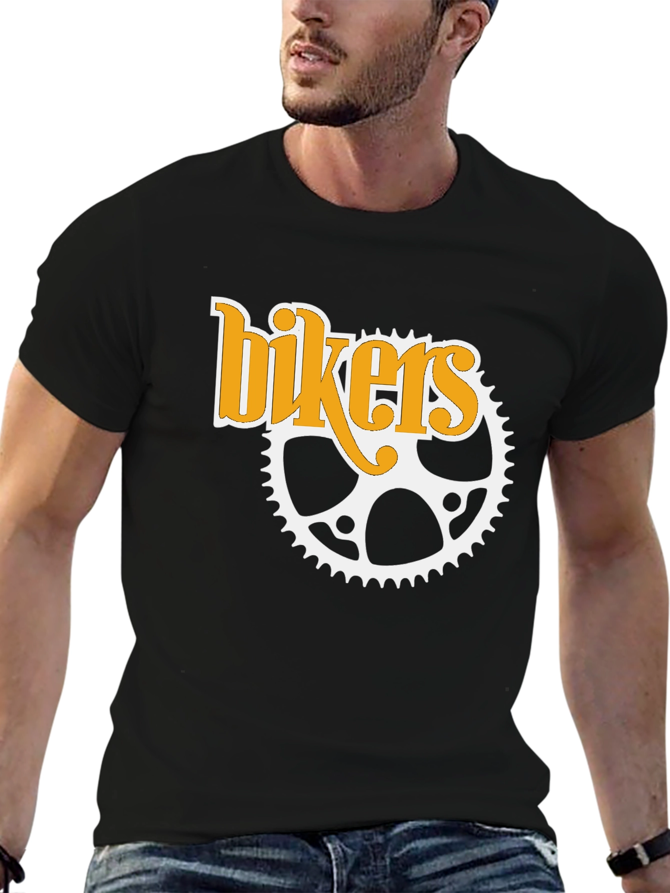 Bikers T-Shirt - Black Cotton Tee with Sprocket Design