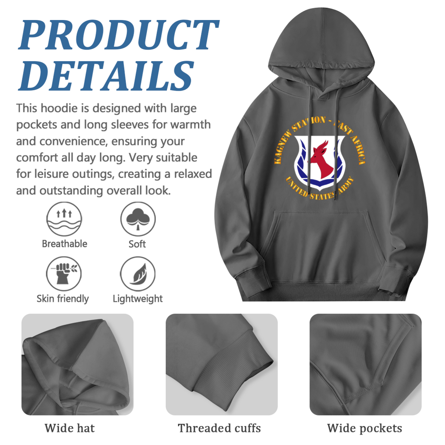 Kagnew Station US Army Gray Hoodie, Men Military Comfort Pullover