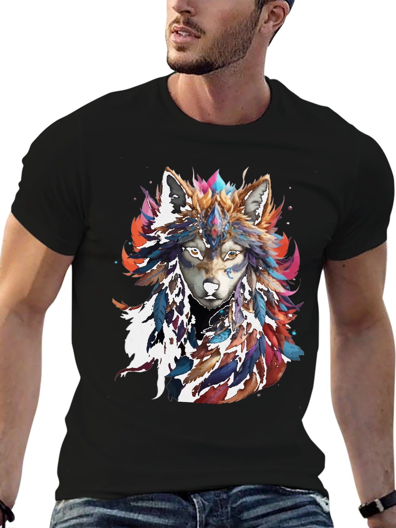 Wolf Feather Headdress Graphic Tee - Black