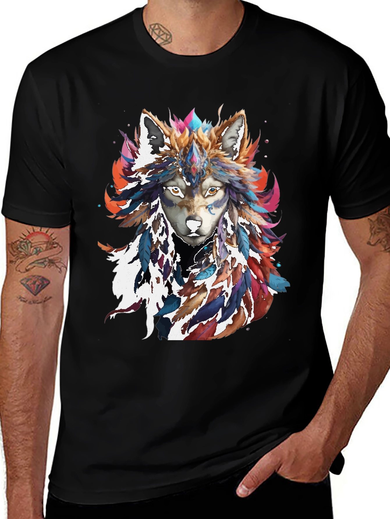Wolf Feather Headdress Graphic Tee - Black