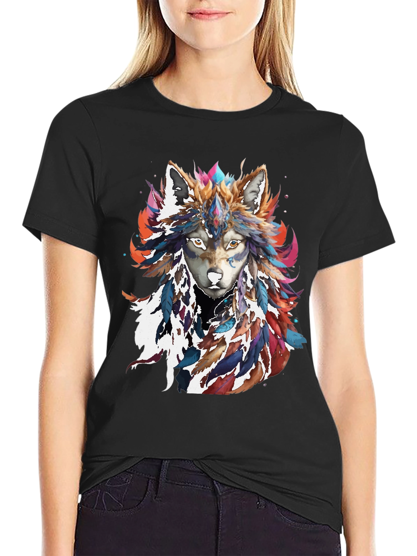 Wolf Feather Headdress Graphic Tee - Black