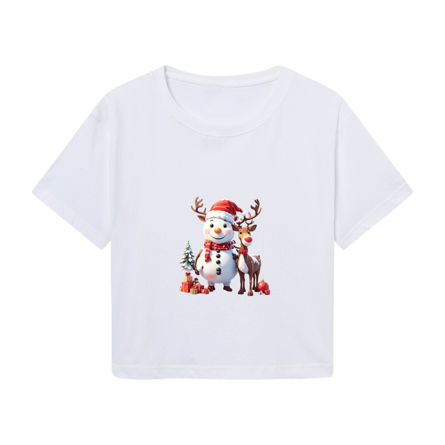 3D Cute Snowman & Reindeer X?mas Holiday Crop Tee