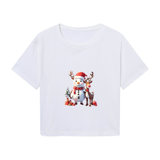 3D Cute Snowman & Reindeer X?mas Holiday Crop Tee