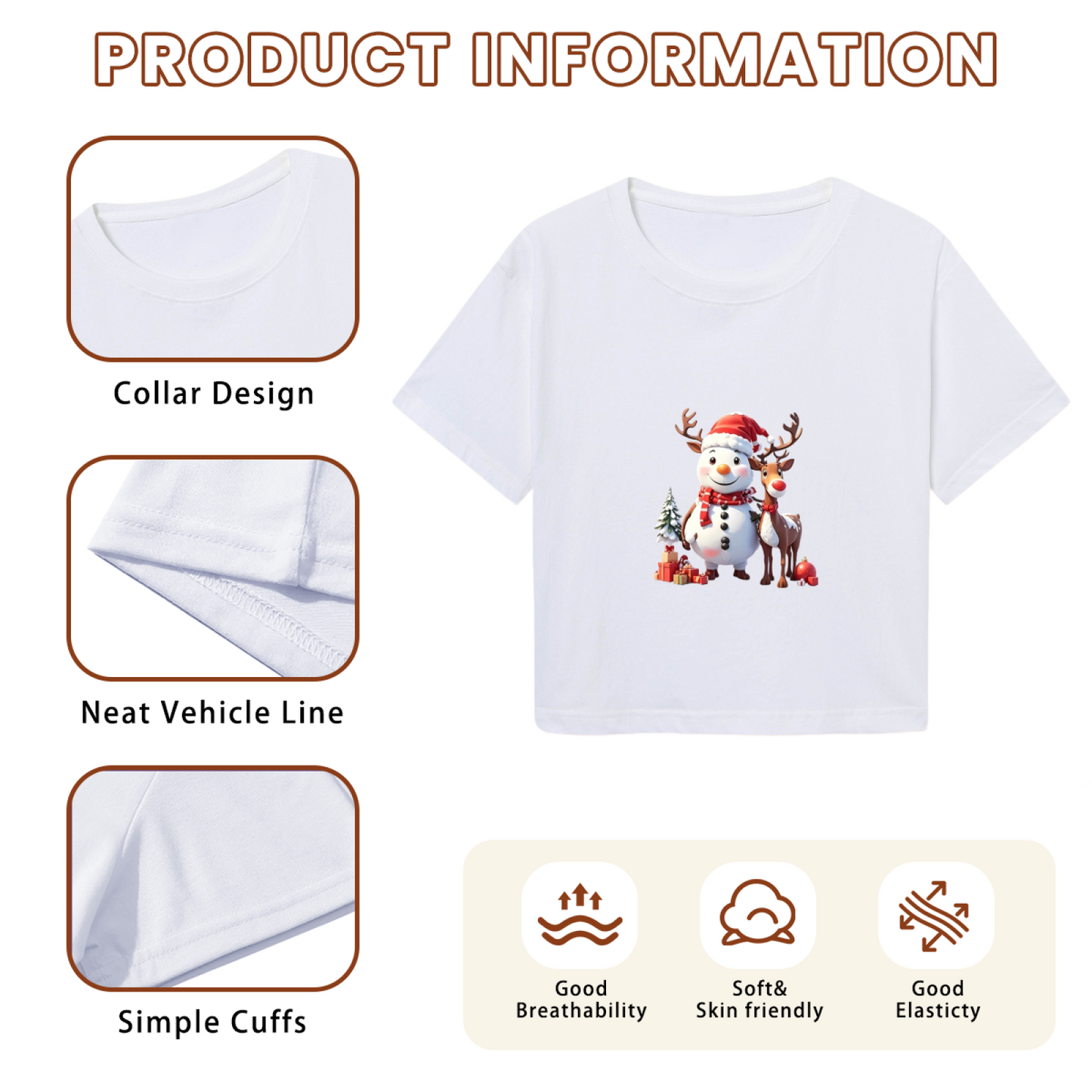 3D Cute Snowman & Reindeer X?mas Holiday Crop Tee