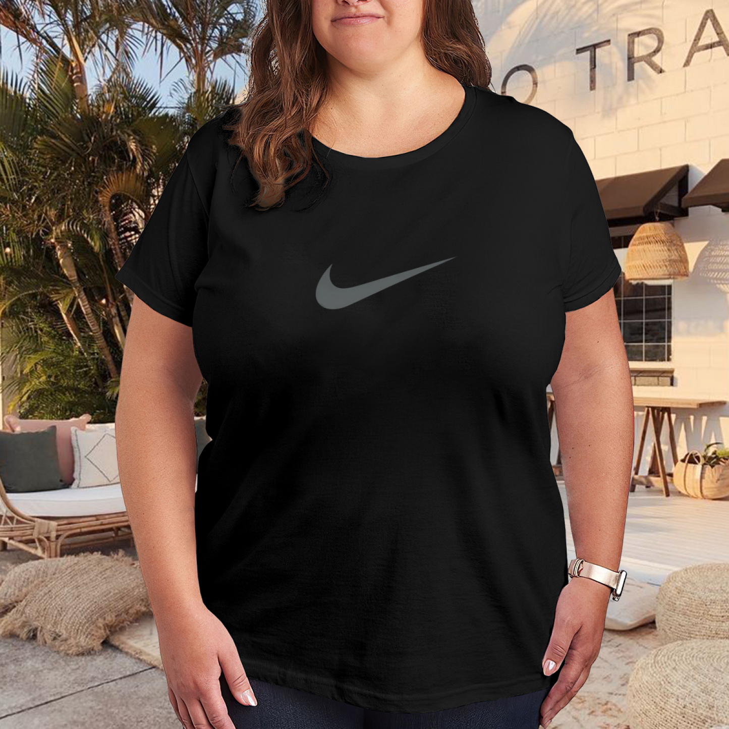 Simple Grey Swoosh Logo Basic Plus Size Women Black Casual T?Shirt