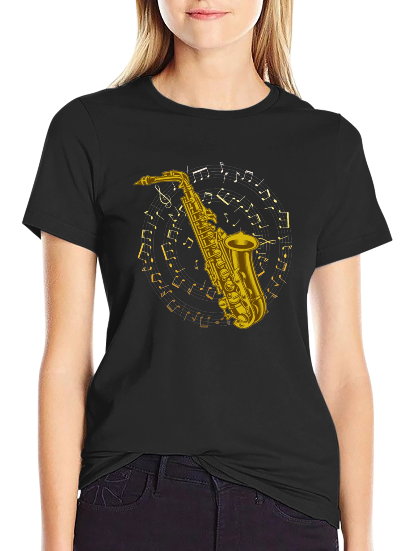 Saxophone Music Notes Graphic Tee - Black