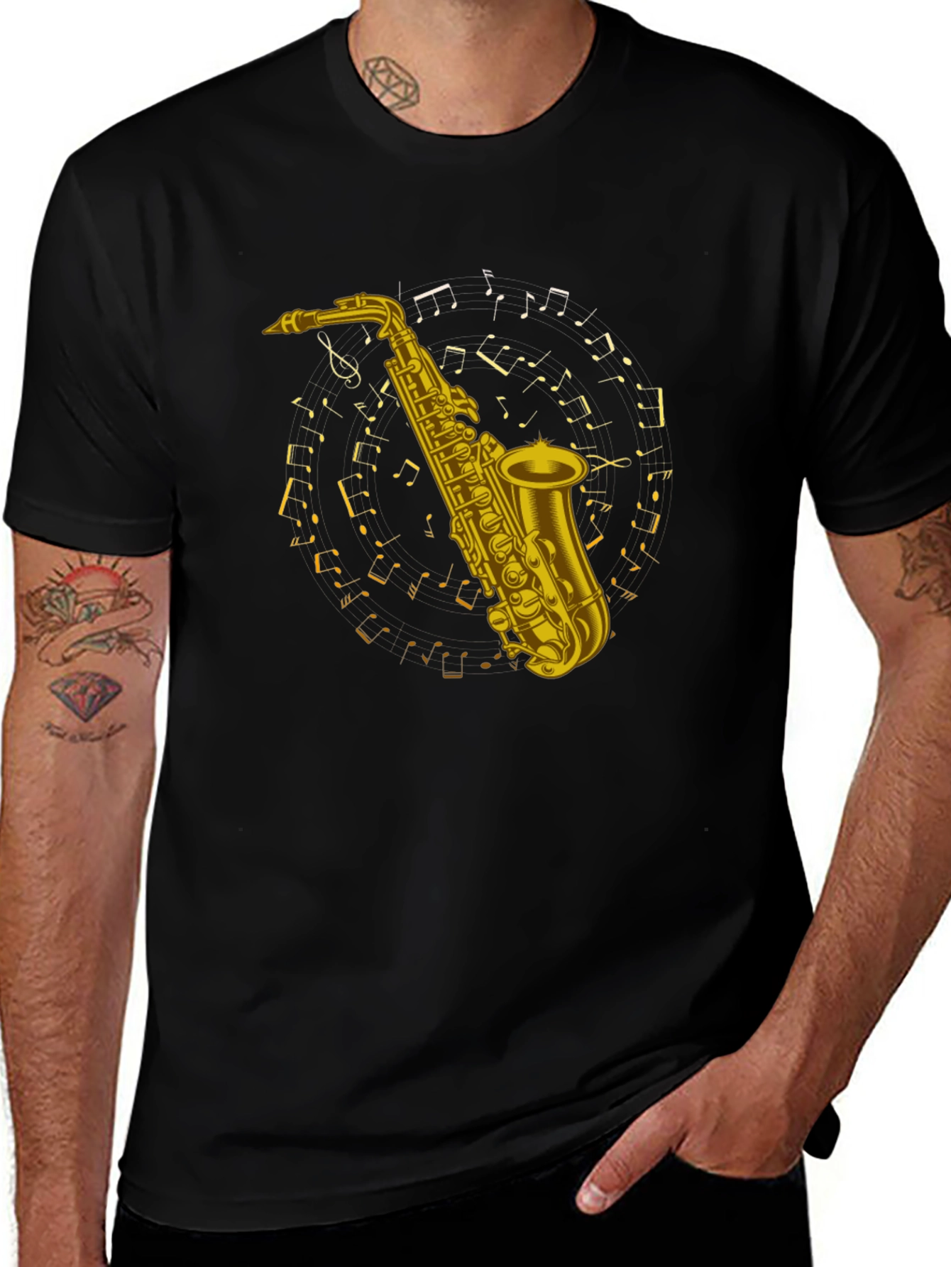 Saxophone Music Notes Graphic Tee - Black