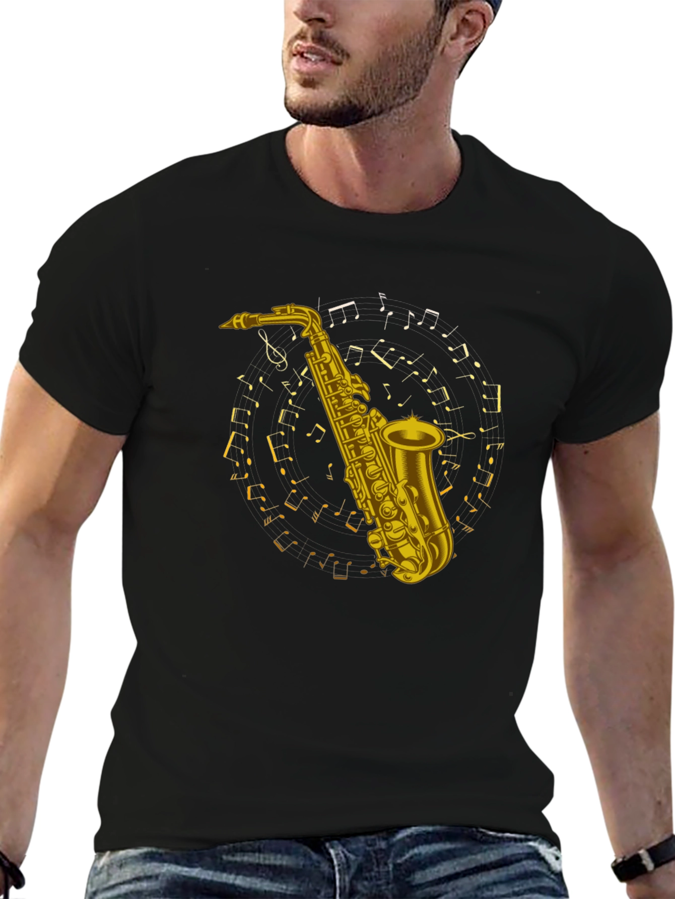 Saxophone Music Notes Graphic Tee - Black