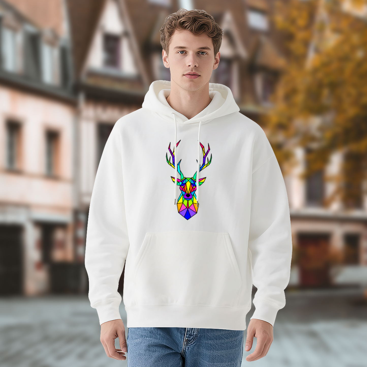 Rainbow Geometric Stag Colorful White Hoodie For All Genders, Soft Cozy Cut