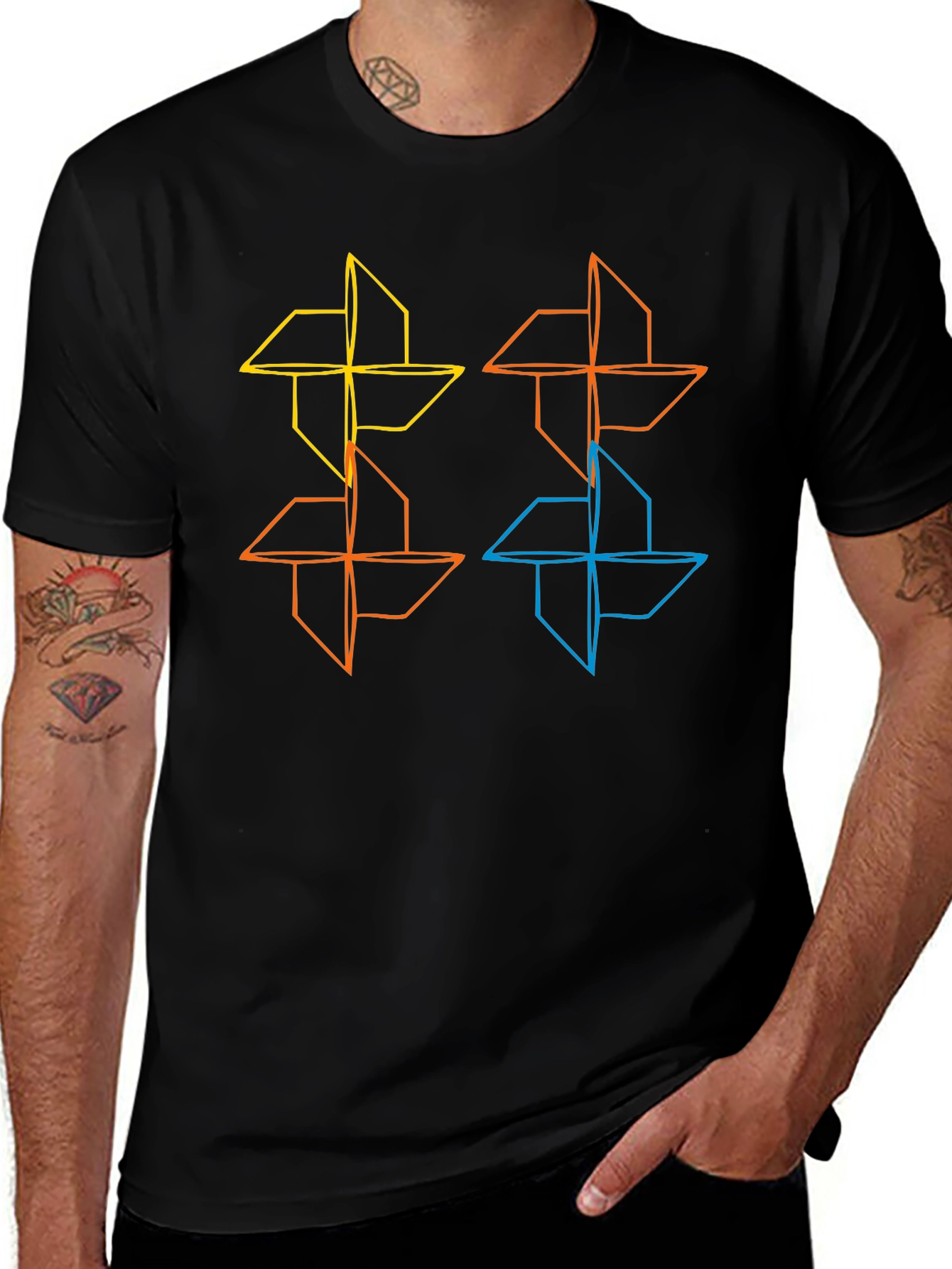 Geometric Pinwheel Design Black T-Shirt