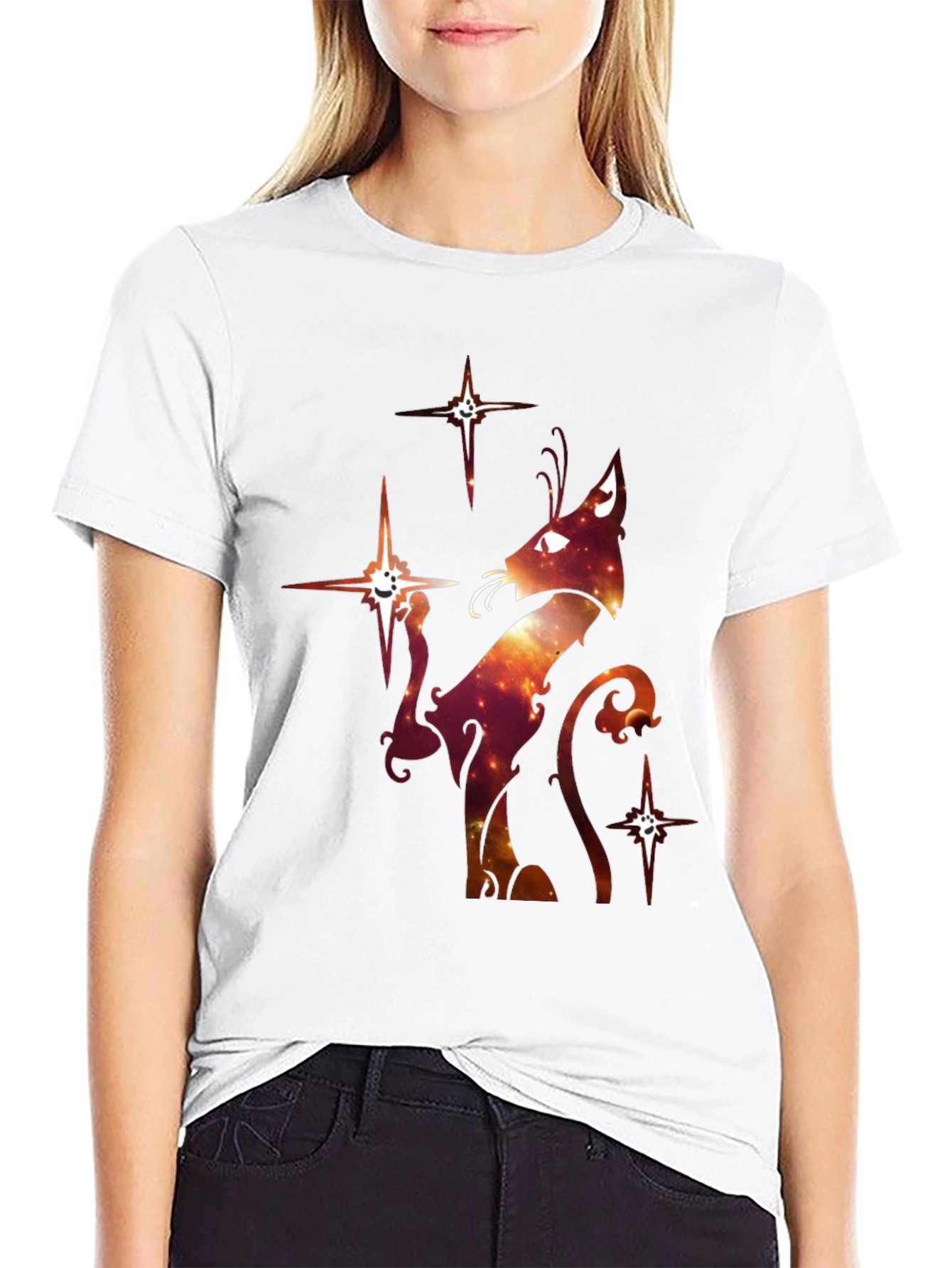 Celestial Cat Graphic T-Shirt - Black Cotton Blend
