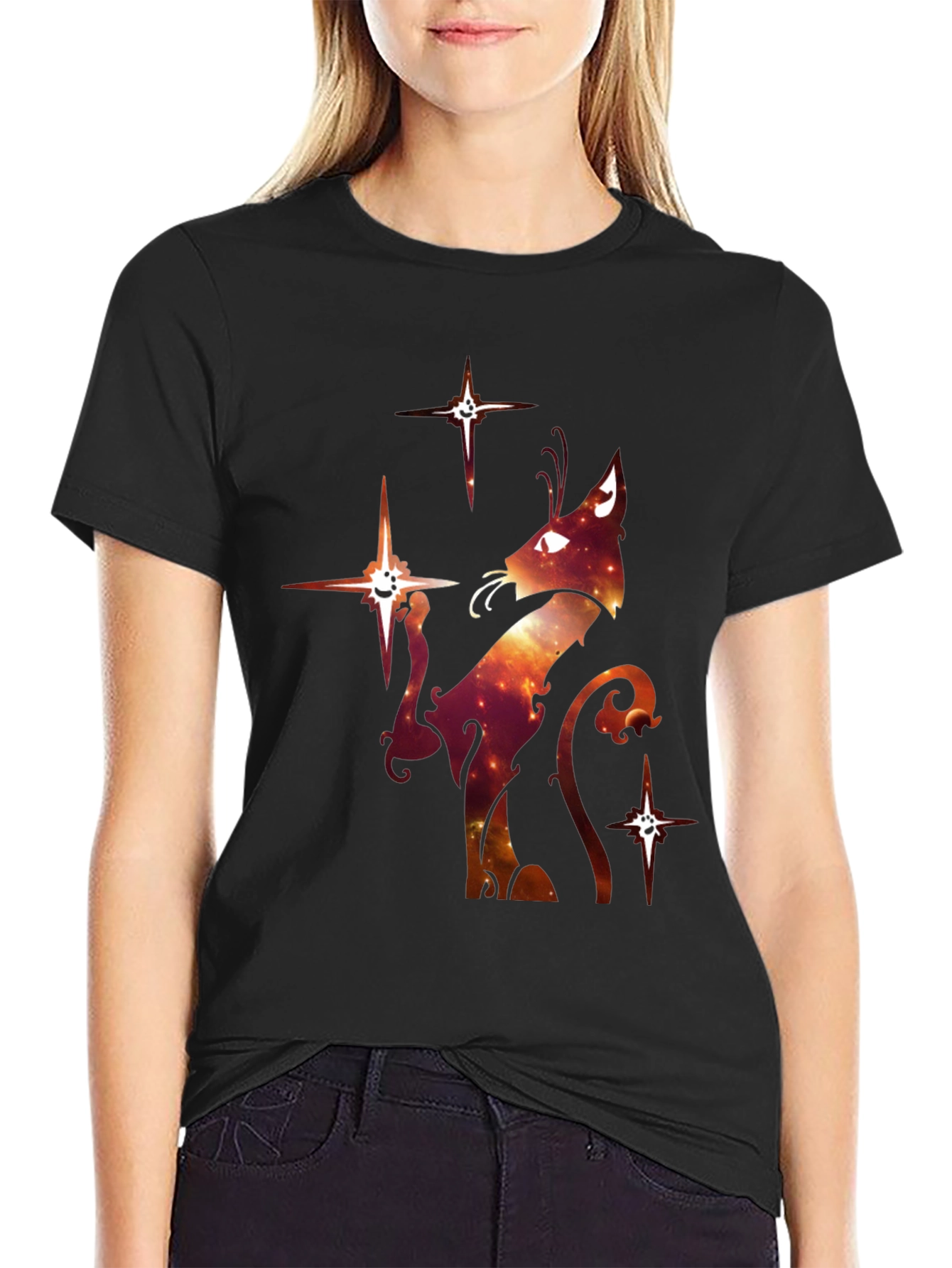 Celestial Cat Graphic T-Shirt - Black Cotton Blend