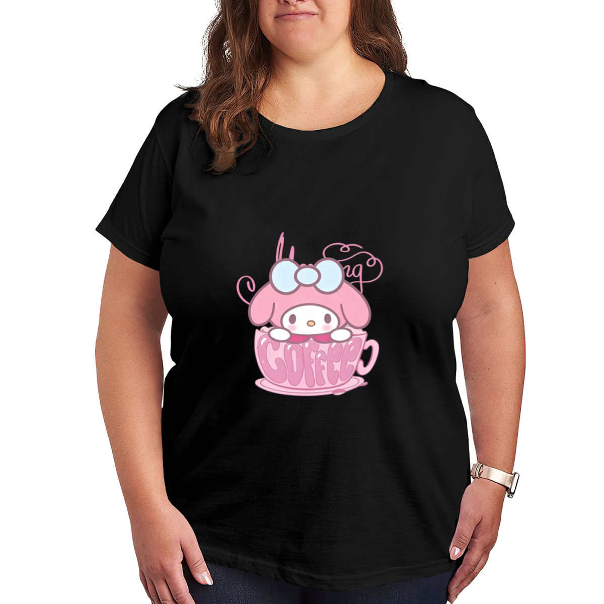 My Melody In Coffee Cup Kawaii Plus?Size Women Black T?Shirt