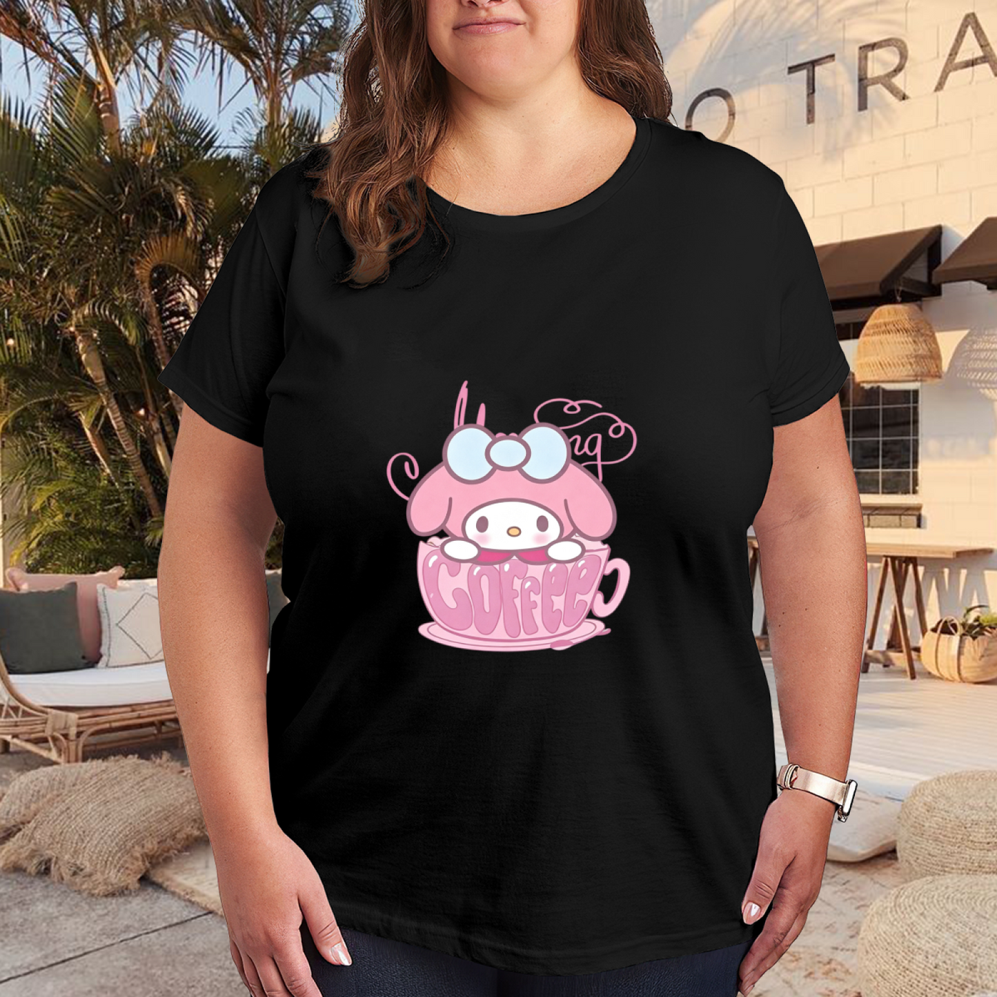My Melody In Coffee Cup Kawaii Plus?Size Women Black T?Shirt
