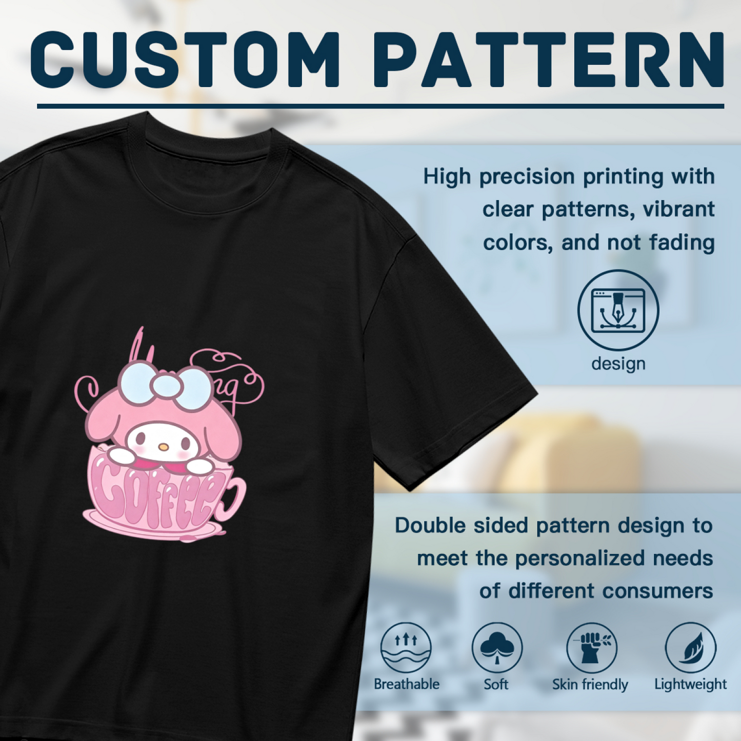 My Melody In Coffee Cup Kawaii Plus?Size Women Black T?Shirt