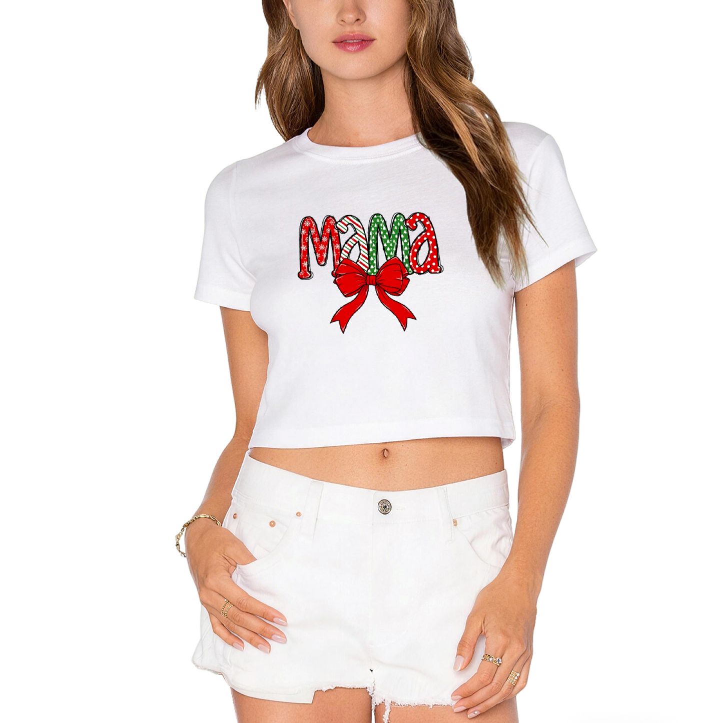 Christmas Mama Bow Festive Holiday Graphic Crop Tee