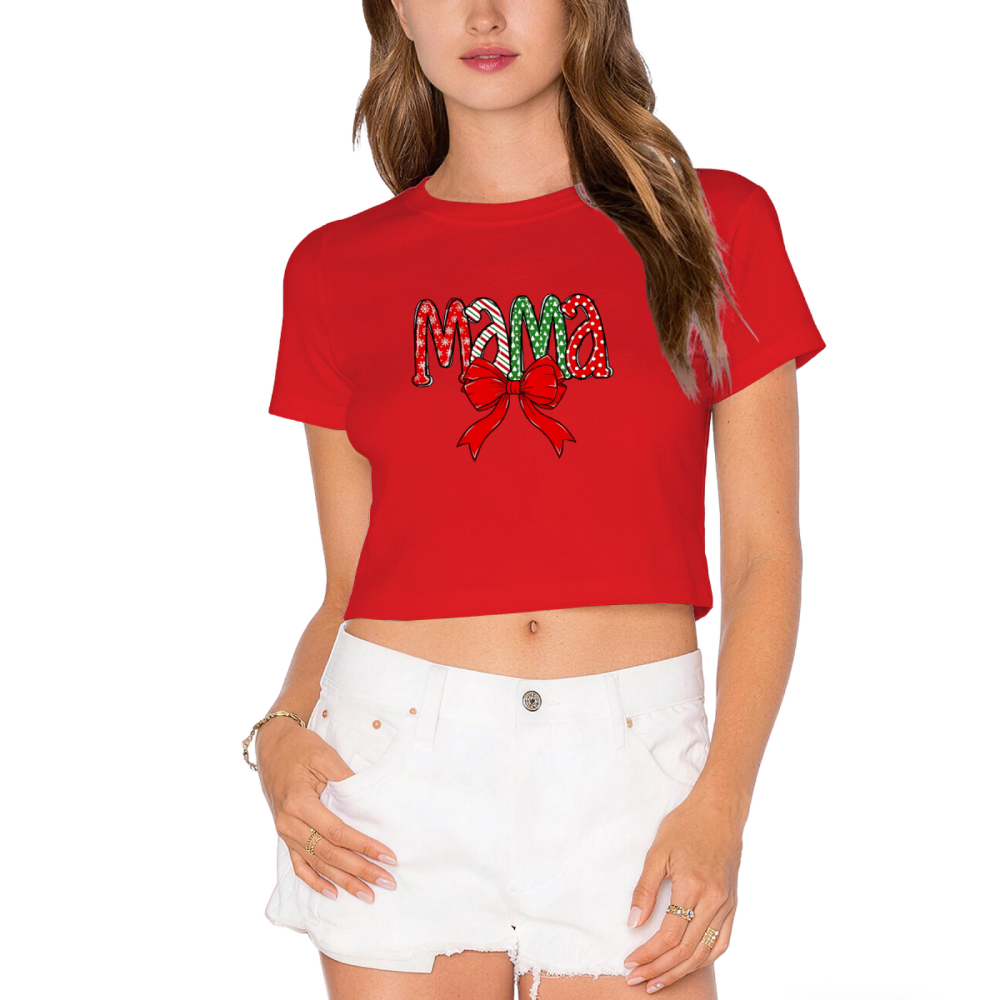 Christmas Mama Bow Festive Holiday Graphic Crop Tee