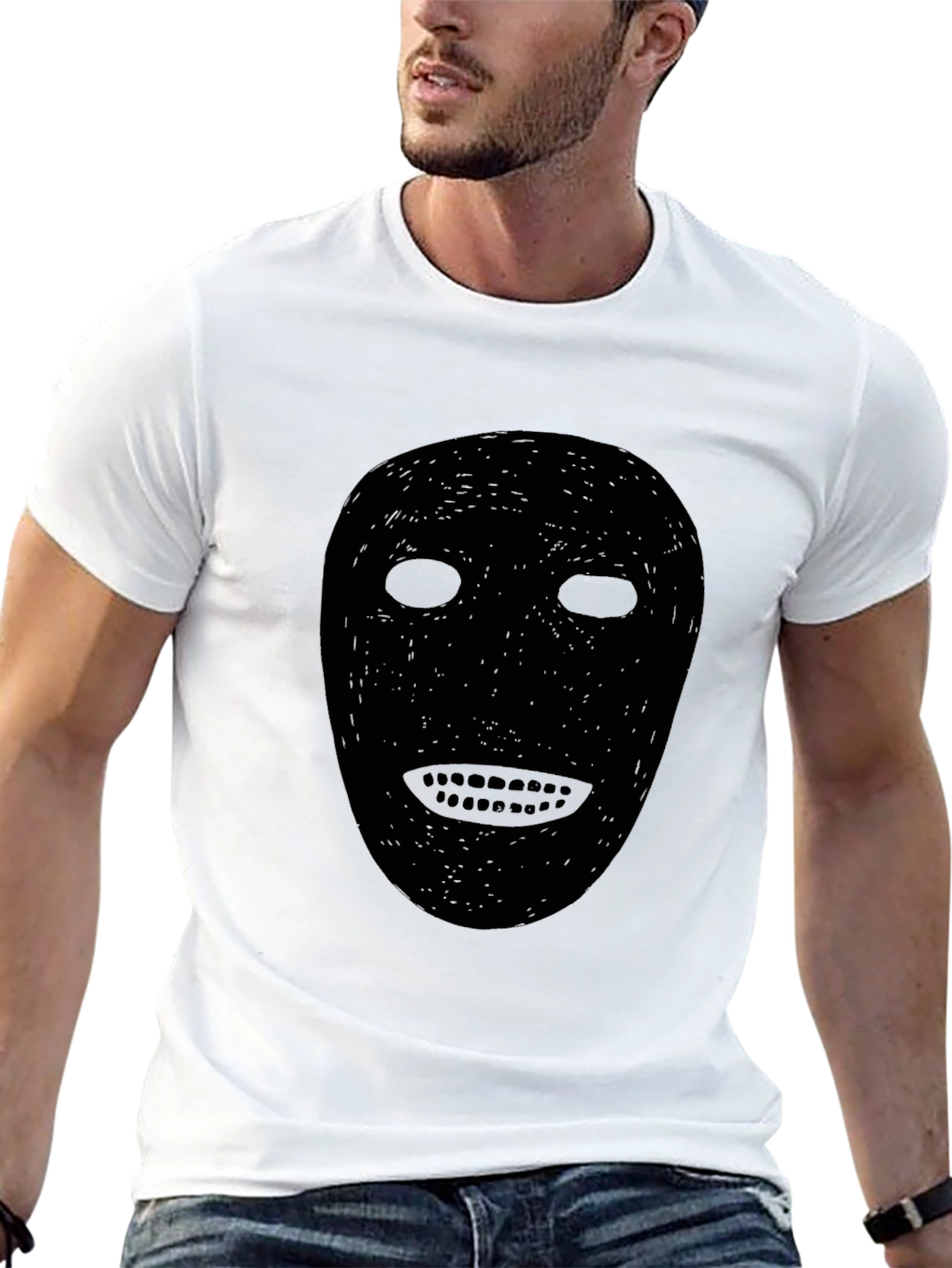 Black Mask Graphic Tee - Spooky Face Design T-Shirt