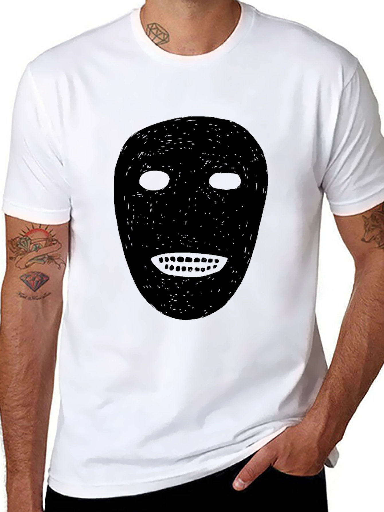 Black Mask Graphic Tee - Spooky Face Design T-Shirt