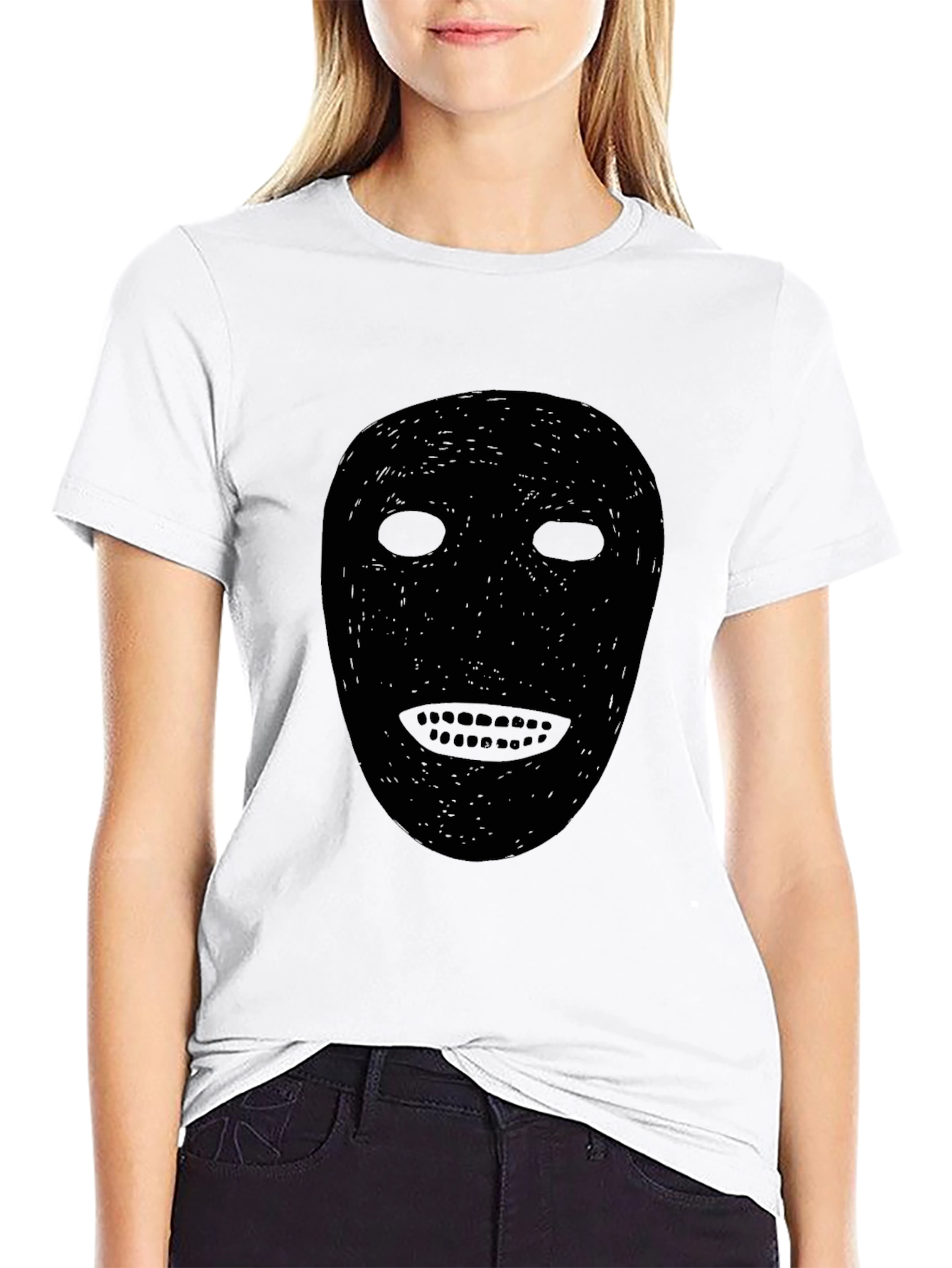 Black Mask Graphic Tee - Spooky Face Design T-Shirt