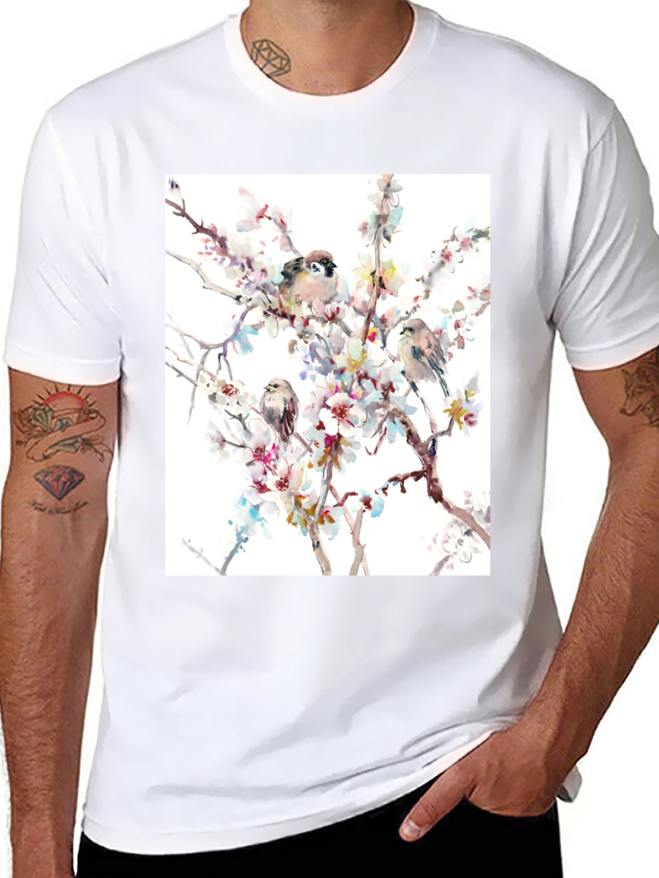 Birds on Blossom Branch Graphic T-Shirt